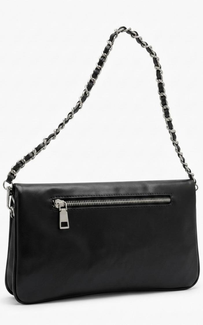 Gümüş Logo Detaylı Siyah Clutch Çanta