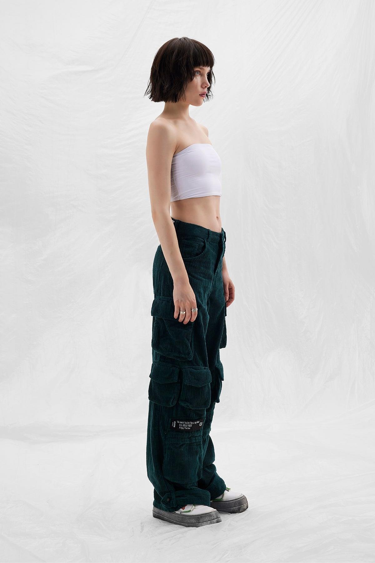 Petrol Yeşili Kadife Fitilli Kargo Cep Detaylı Pantolon