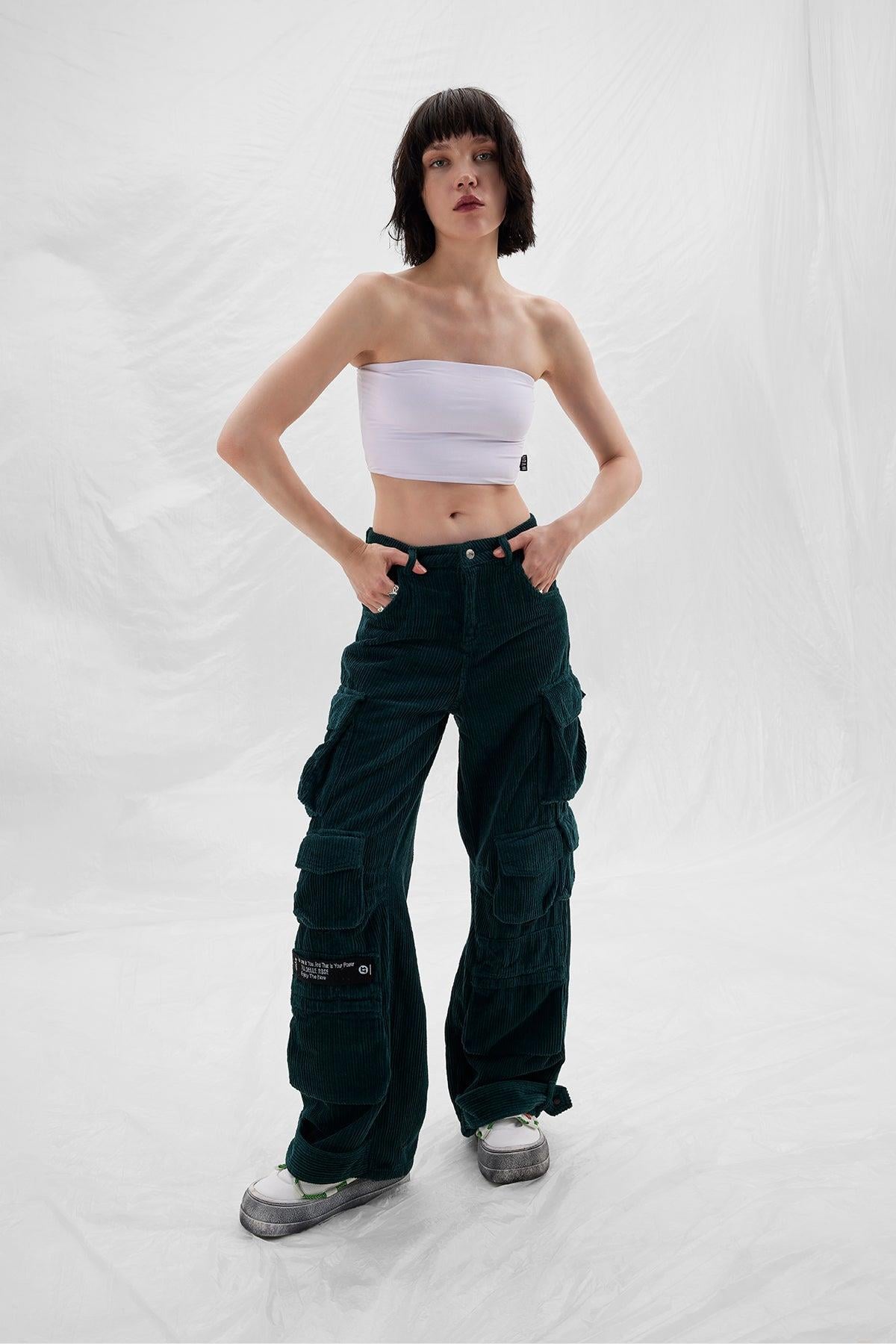 Petrol Yeşili Kadife Fitilli Kargo Cep Detaylı Pantolon