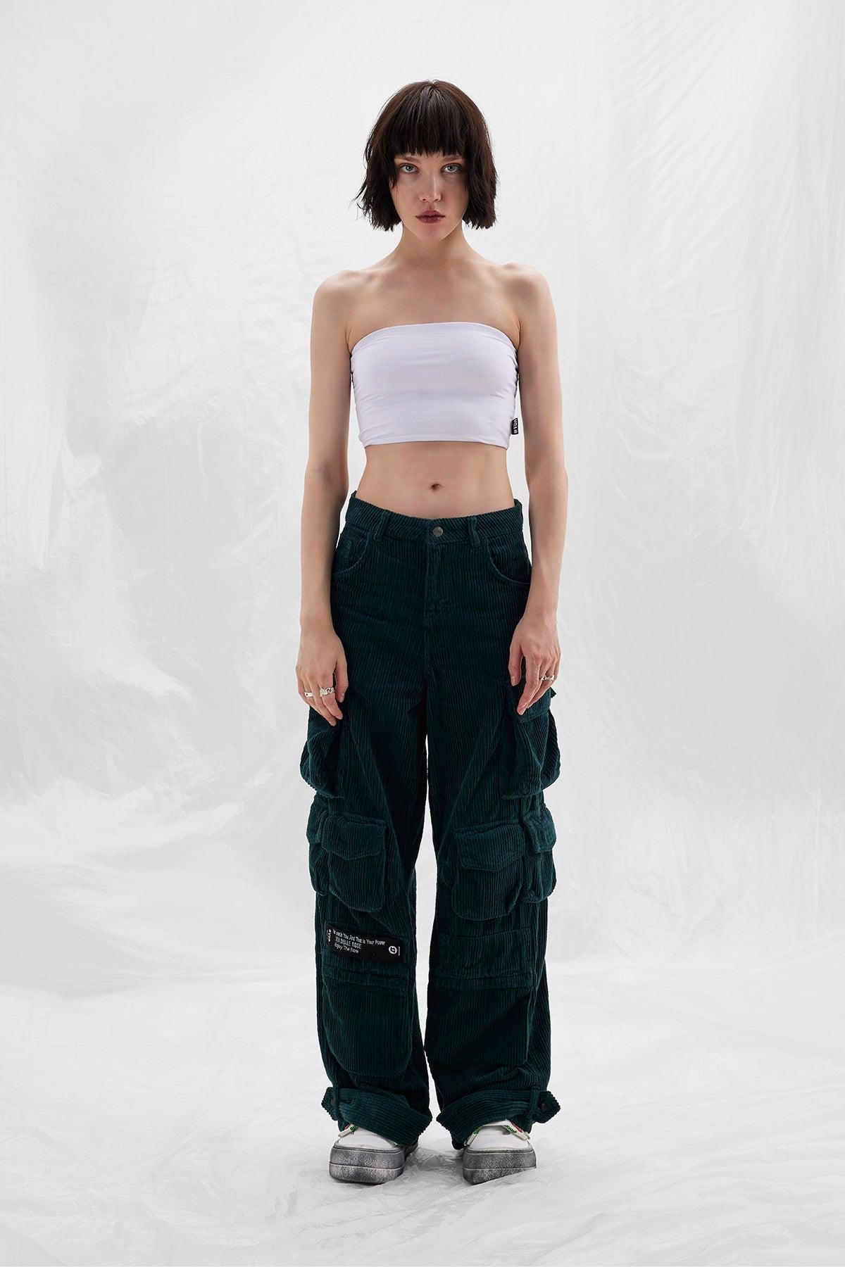 Petrol Yeşili Kadife Fitilli Kargo Cep Detaylı Pantolon