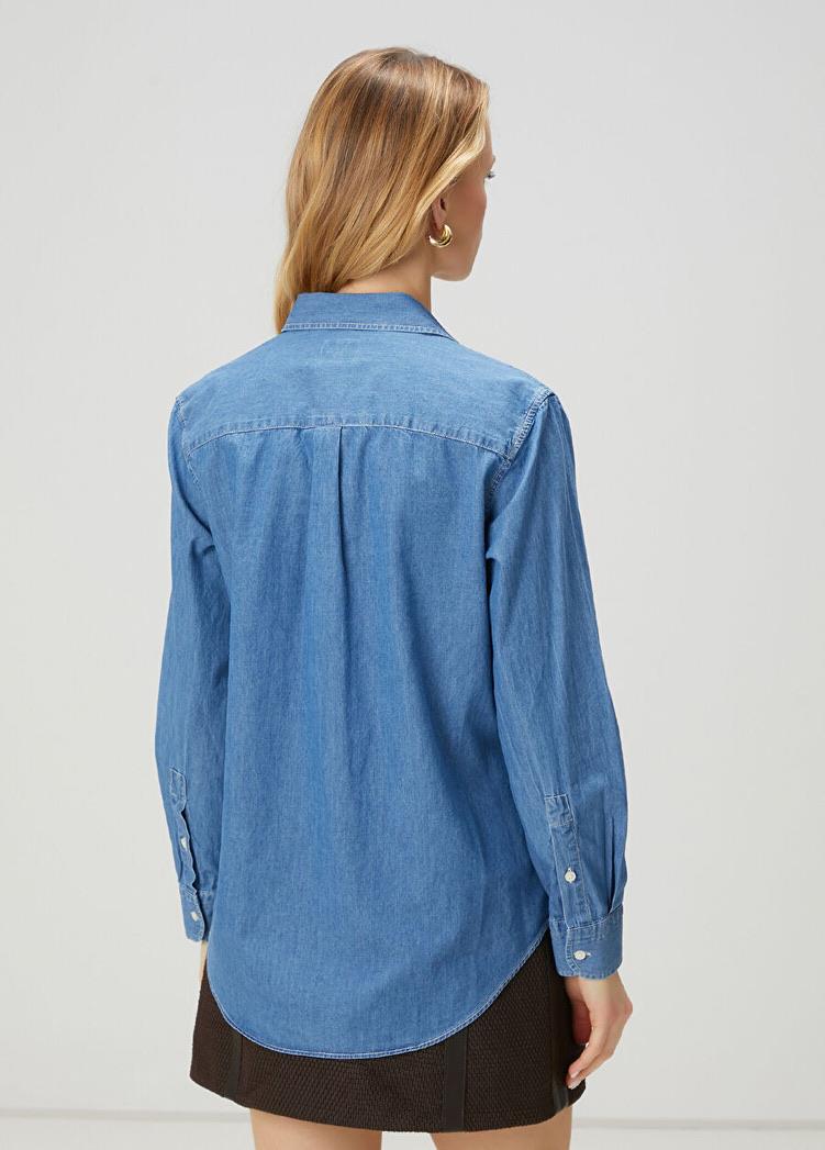 Koyu Mavi Kuş Nakışlı Basic Denim Gömlek