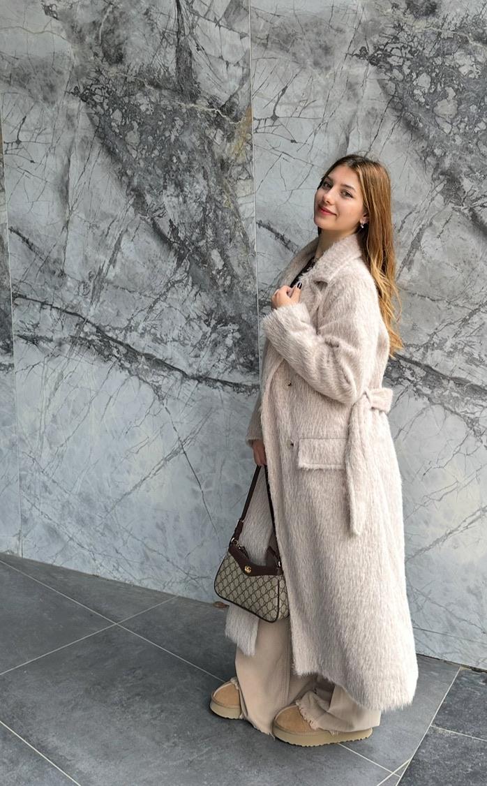 Kruvaze Yaka Bej Kürk Kaban