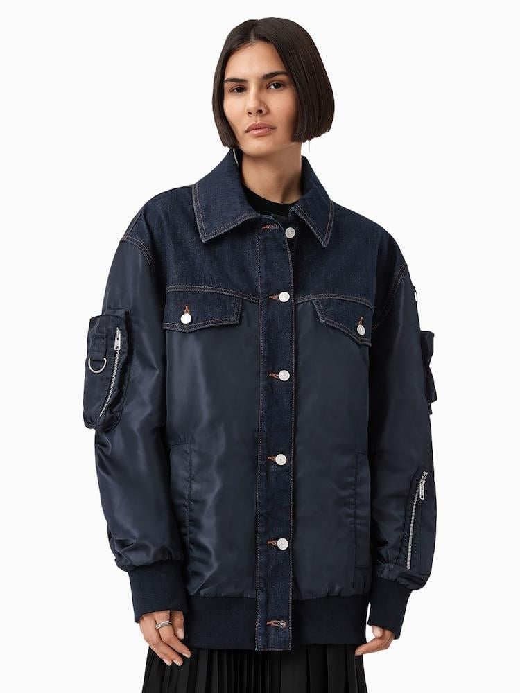 Lacivert Oversize Çoklu Cep ve Fermuar Detaylı Kot Ceket