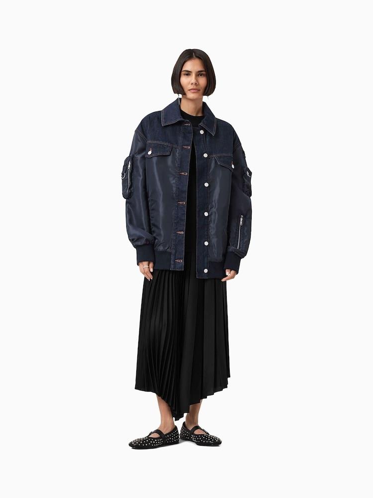 Lacivert Oversize Çoklu Cep ve Fermuar Detaylı Kot Ceket