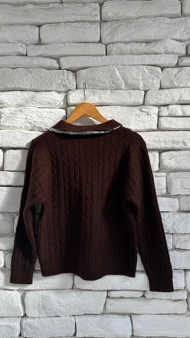 Polo Yaka Fular Detaylı Düğmeli Örme Acı Kahve Triko 