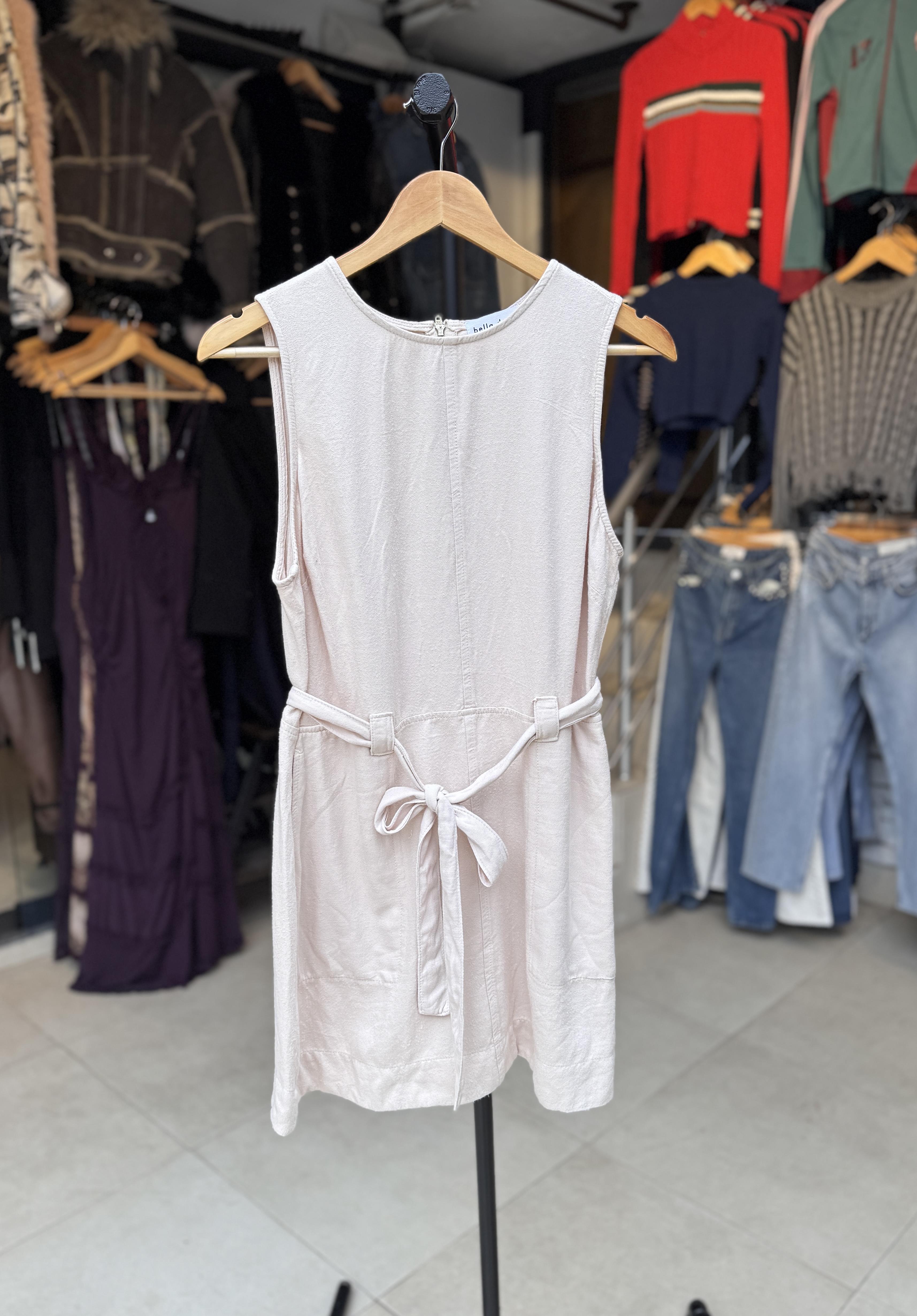 Sıfır Kol Bel Bağlamalı Keten Krem Elbise