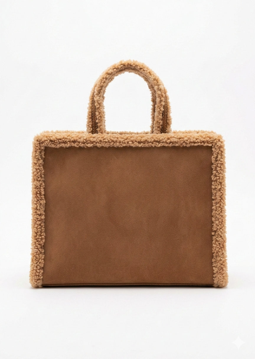 Taba Renk Peluş Detaylı Tote Bag