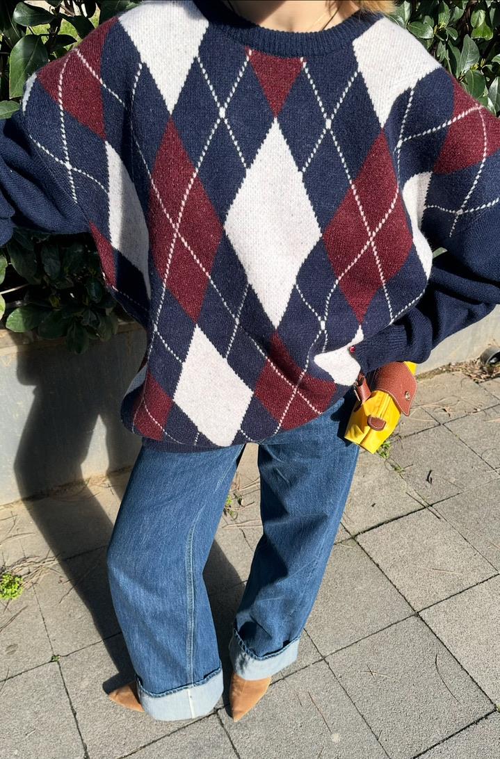 Unisex Lacivert ve Bordo Renkli Baklava Desenli Triko Kazak