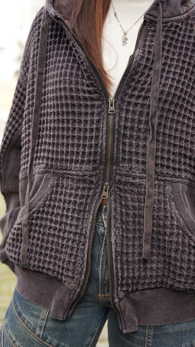 Waffle Desenli Çift Fermuar Detaylı Örme Hırka 