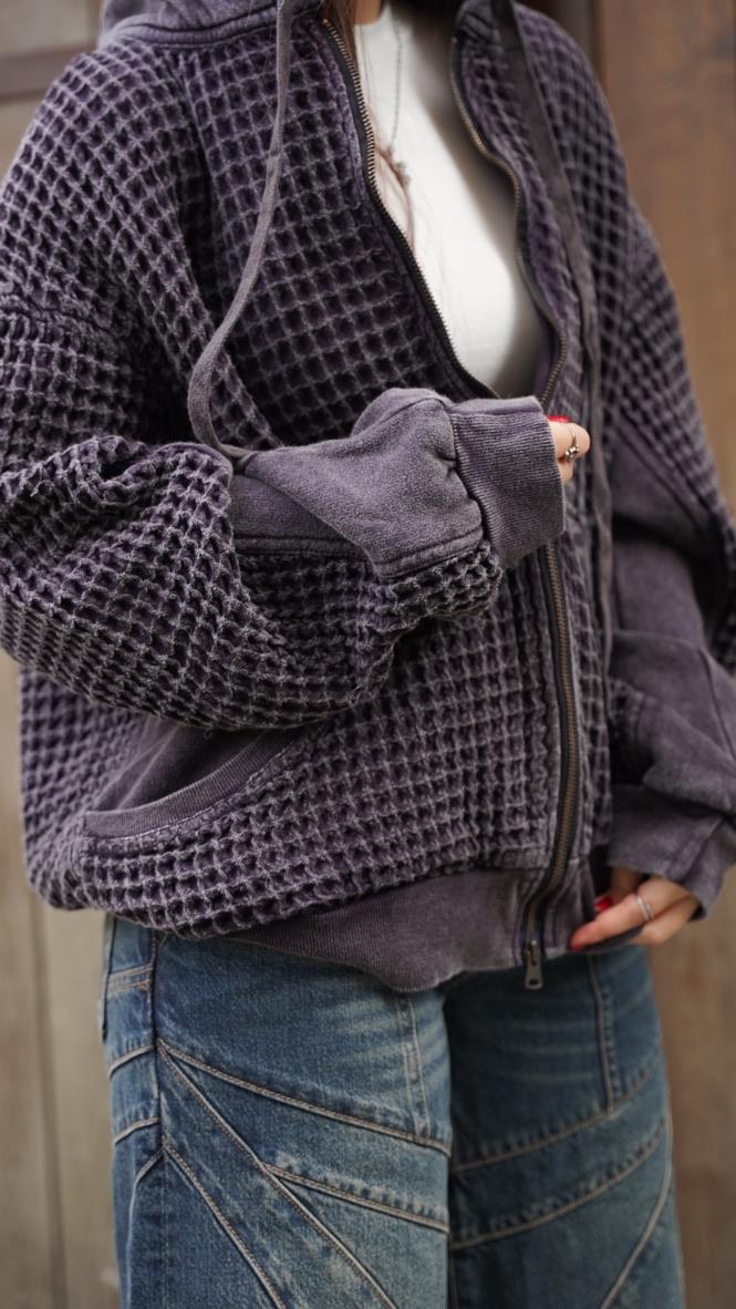 Waffle Desenli Çift Fermuar Detaylı Örme Hırka 