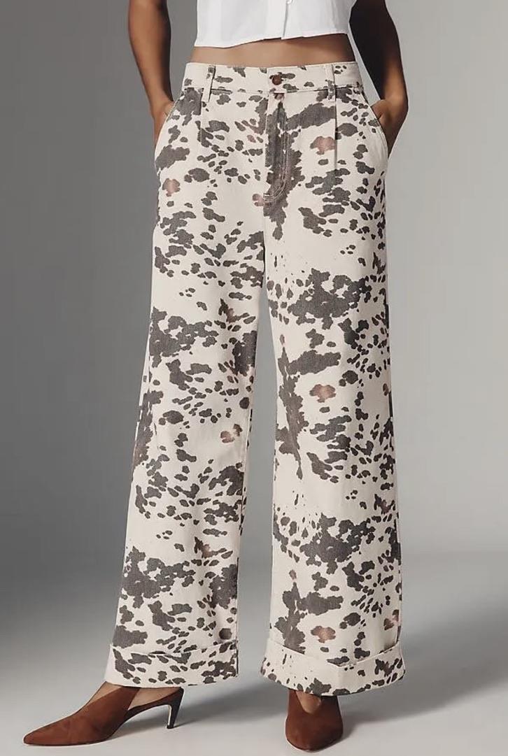 Kahverengi Bej İnek Desenli Wide Leg Jean