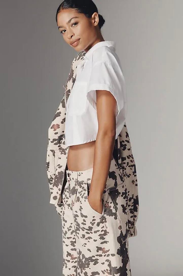 Kahverengi Bej İnek Desenli Wide Leg Jean