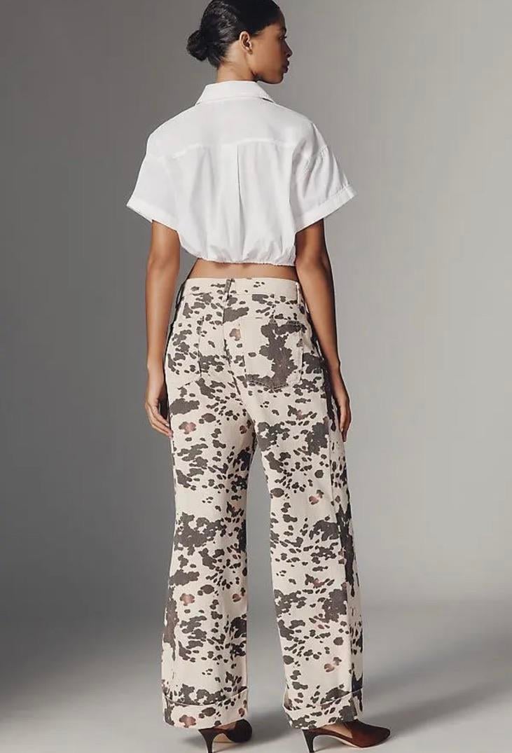 Kahverengi Bej İnek Desenli Wide Leg Jean