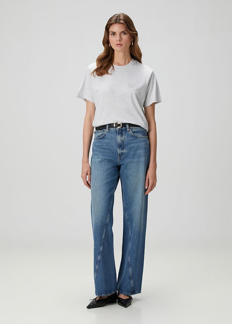 Buz Mavisi Yan Dikişli Eskitme Detaylı Wide Leg Jean
