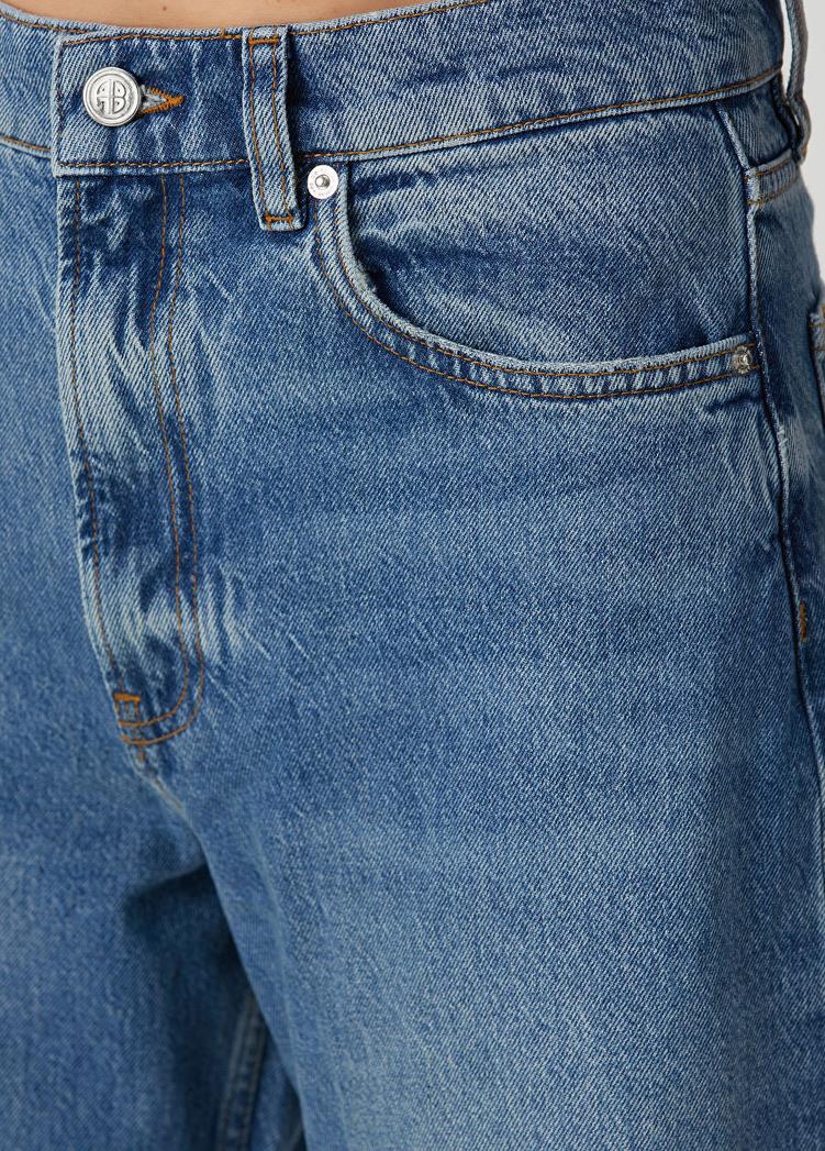 Buz Mavisi Yan Dikişli Eskitme Detaylı Wide Leg Jean