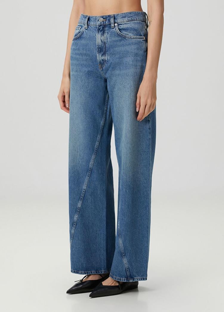Buz Mavisi Yan Dikişli Eskitme Detaylı Wide Leg Jean