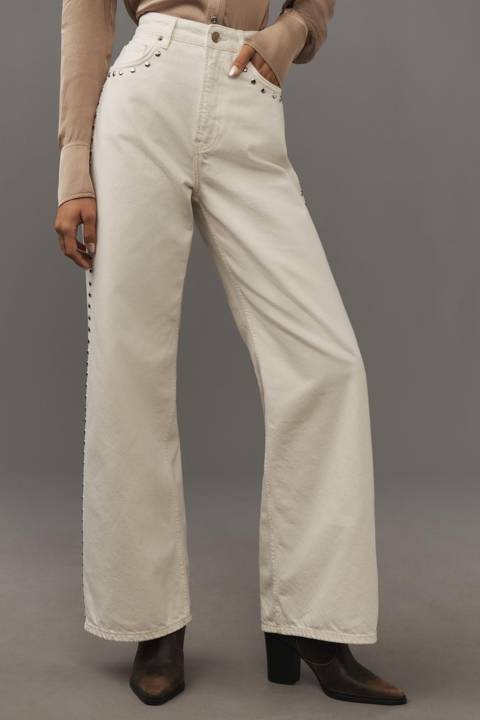 Zımba Detaylı Krem Renk Wide Leg Jean 