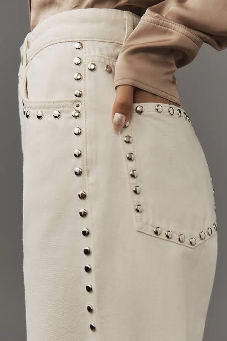 Zımba Detaylı Krem Renk Wide Leg Jean 