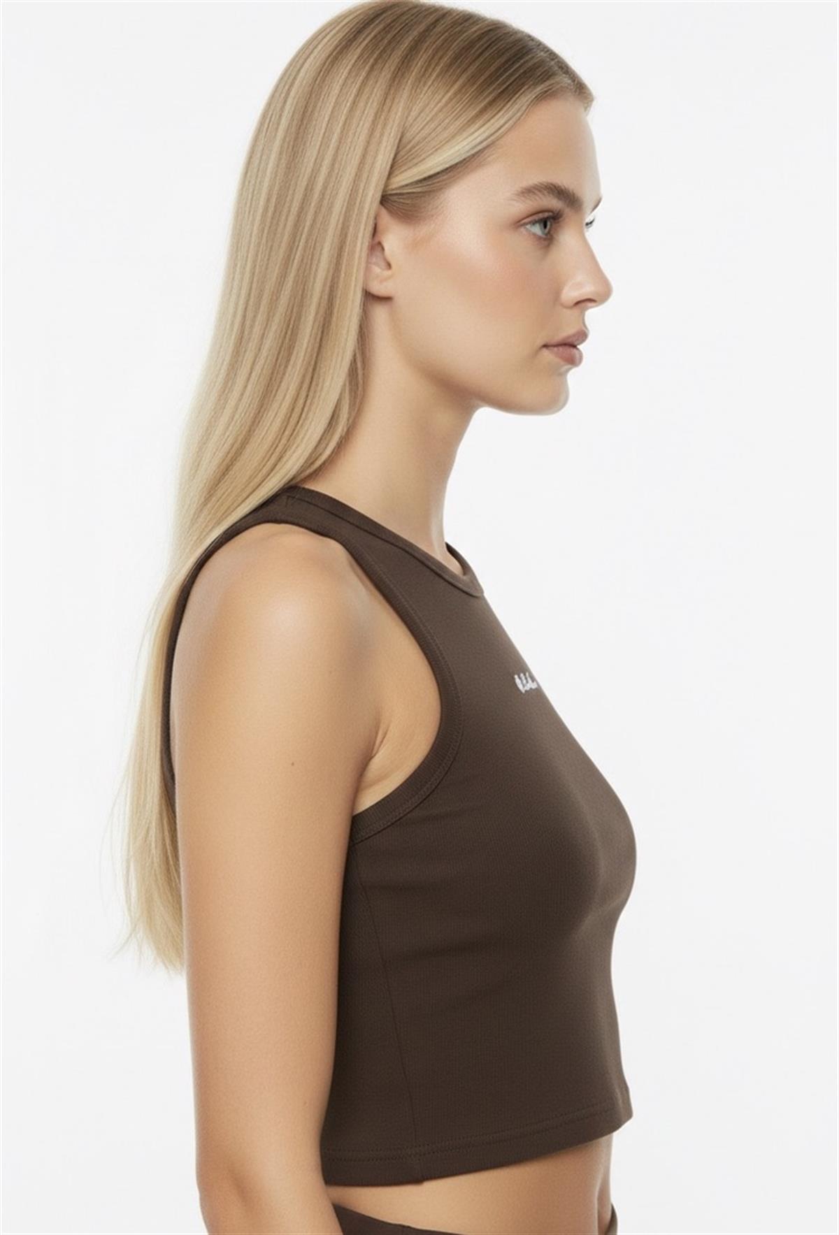 Acı Kahve Marka Baskılı Fitilli Kumaş Crop Atlet