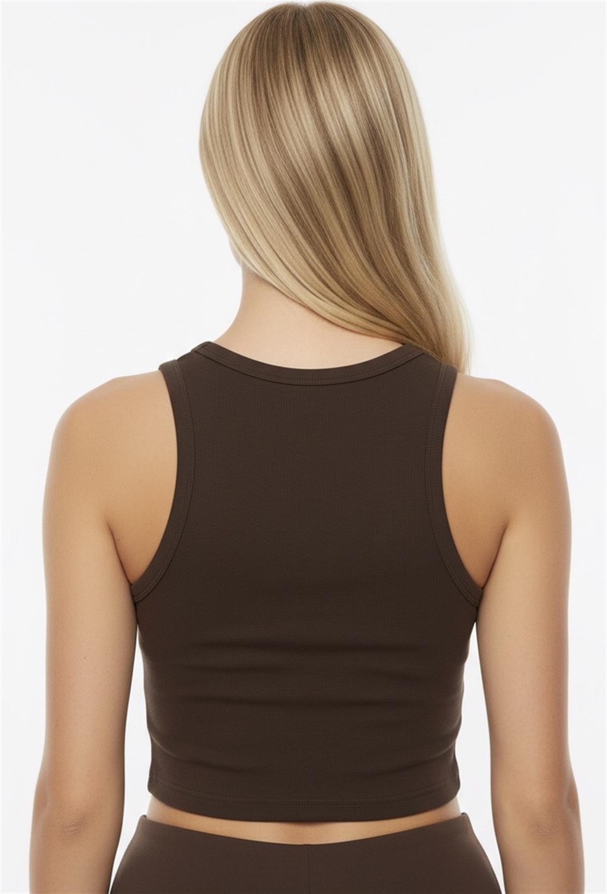 Acı Kahve Marka Baskılı Fitilli Kumaş Crop Atlet