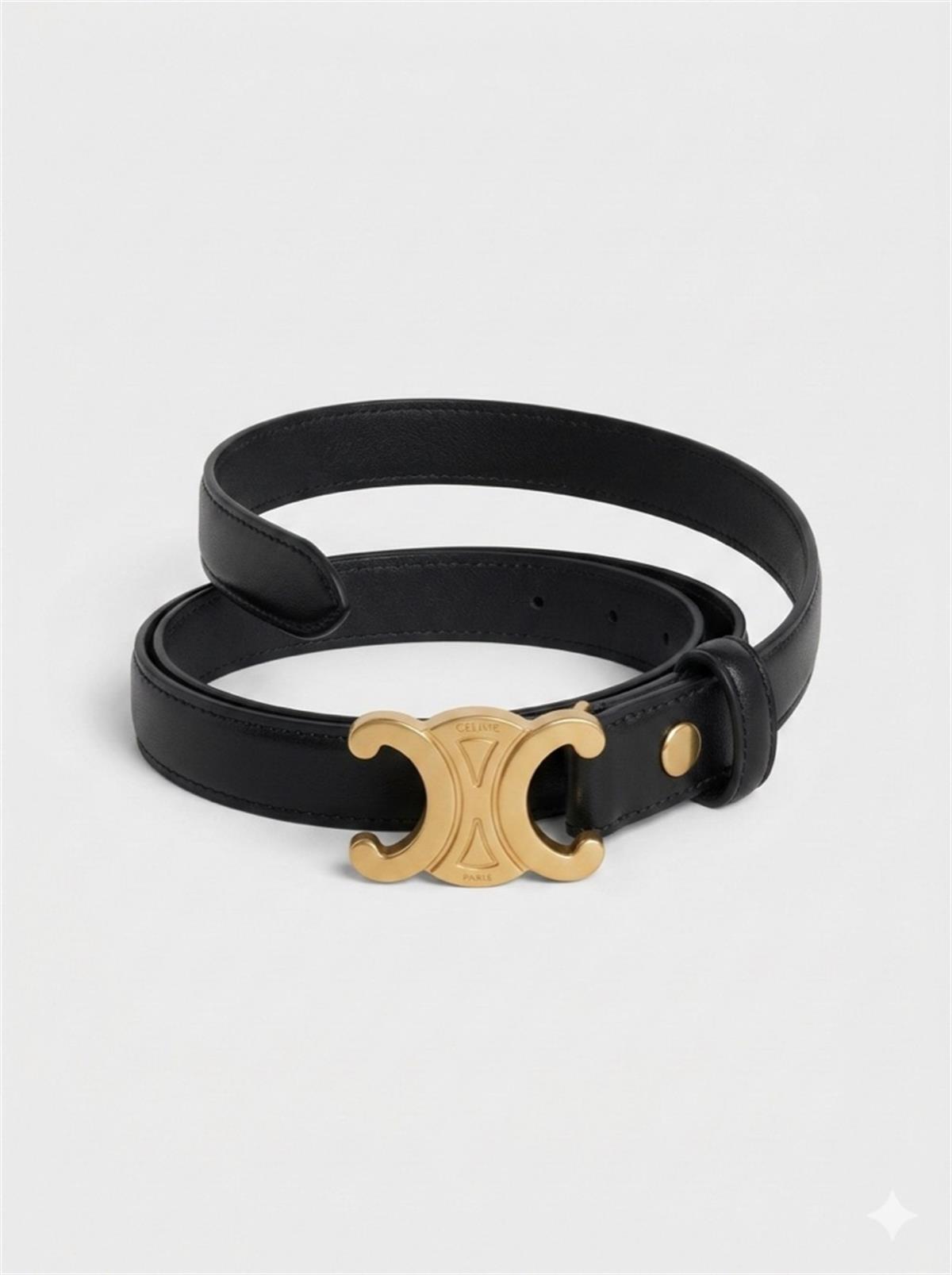 Altın Tokalı CLN Siyah İnce Kemer