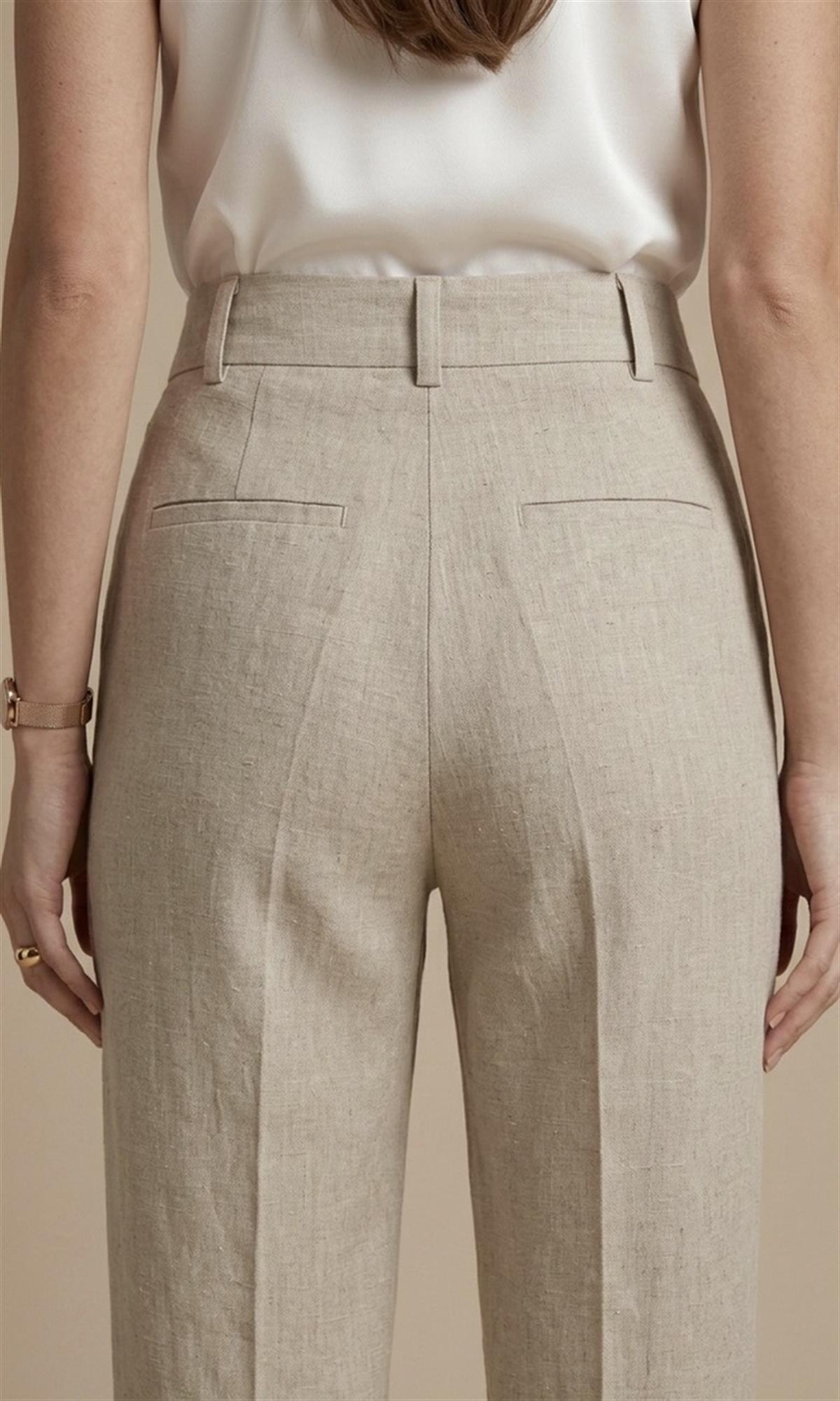 Bej Keten Yüksek Bel Palazzo Pantolon