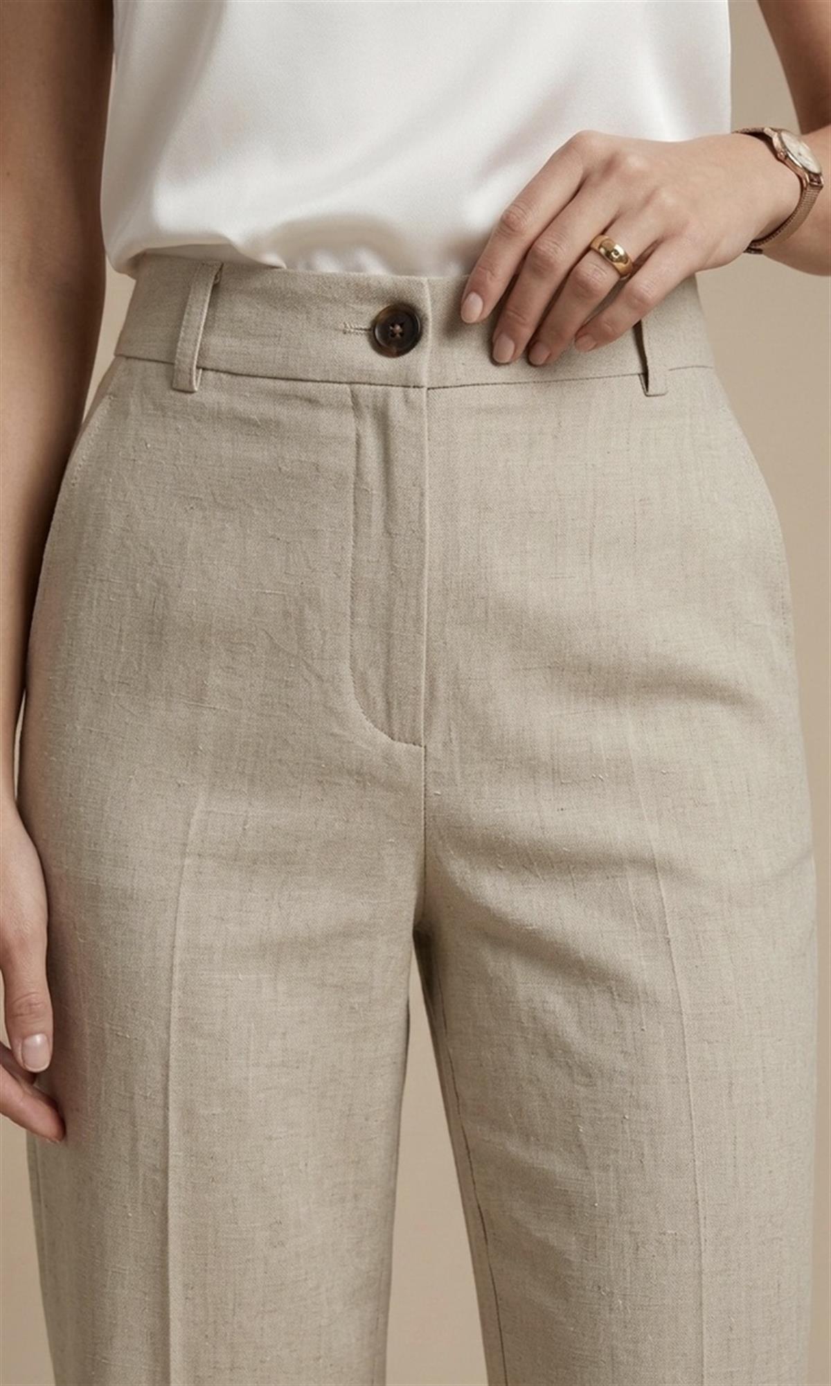 Bej Keten Yüksek Bel Palazzo Pantolon