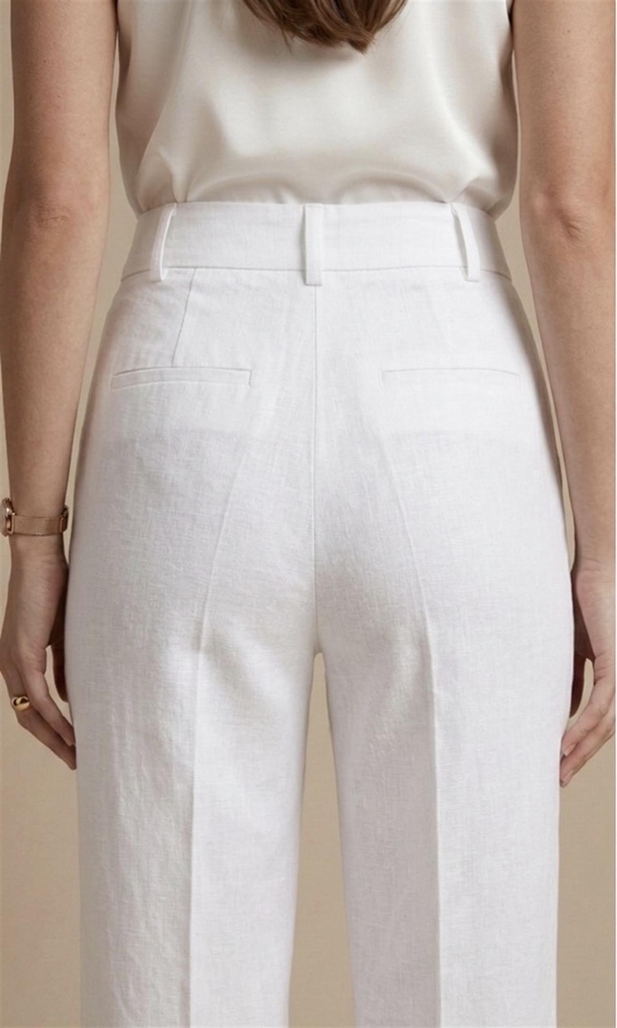 Beyaz Keten Yüksek Bel Palazzo Pantolon