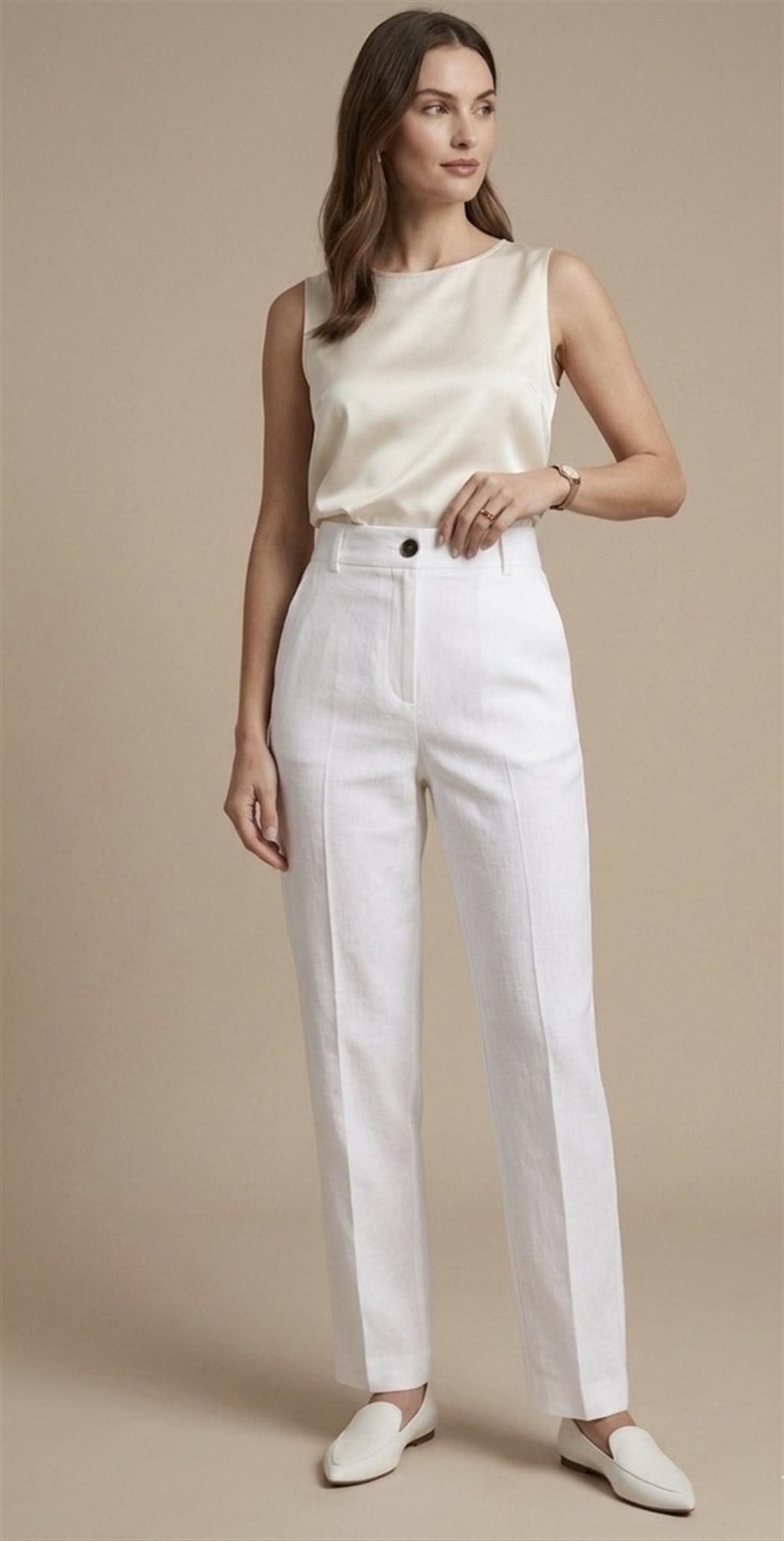 Beyaz Keten Yüksek Bel Palazzo Pantolon