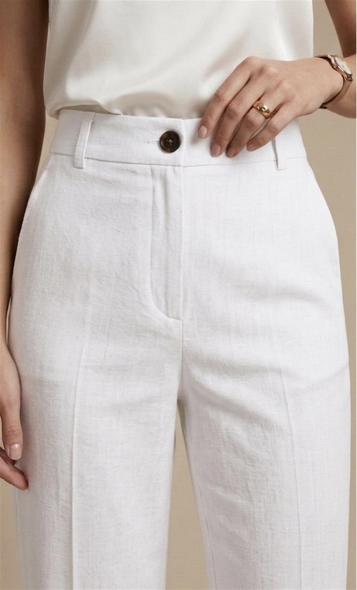 Beyaz Keten Yüksek Bel Palazzo Pantolon
