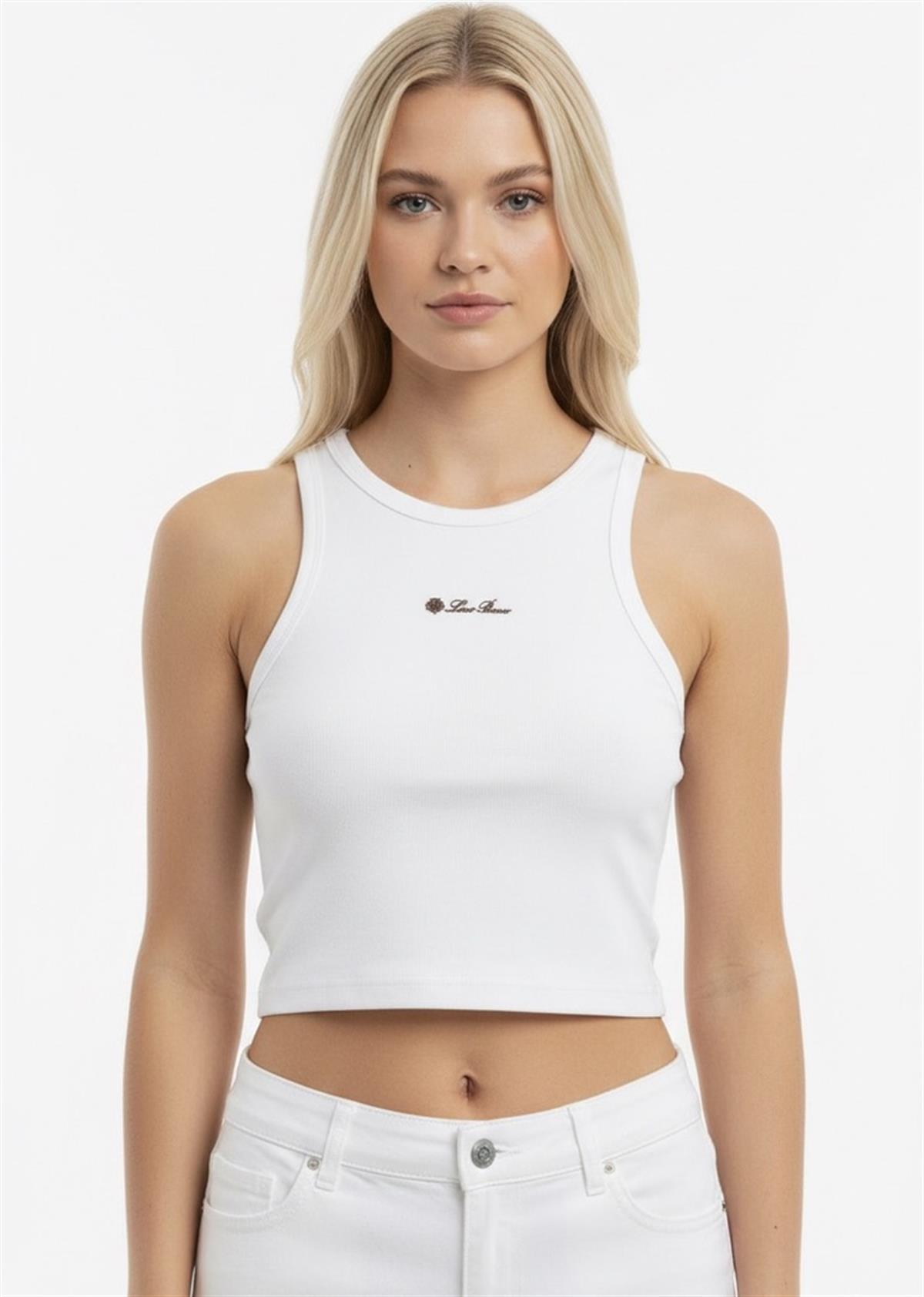 Beyaz Marka Baskılı Fitilli Kumaş Crop Atlet