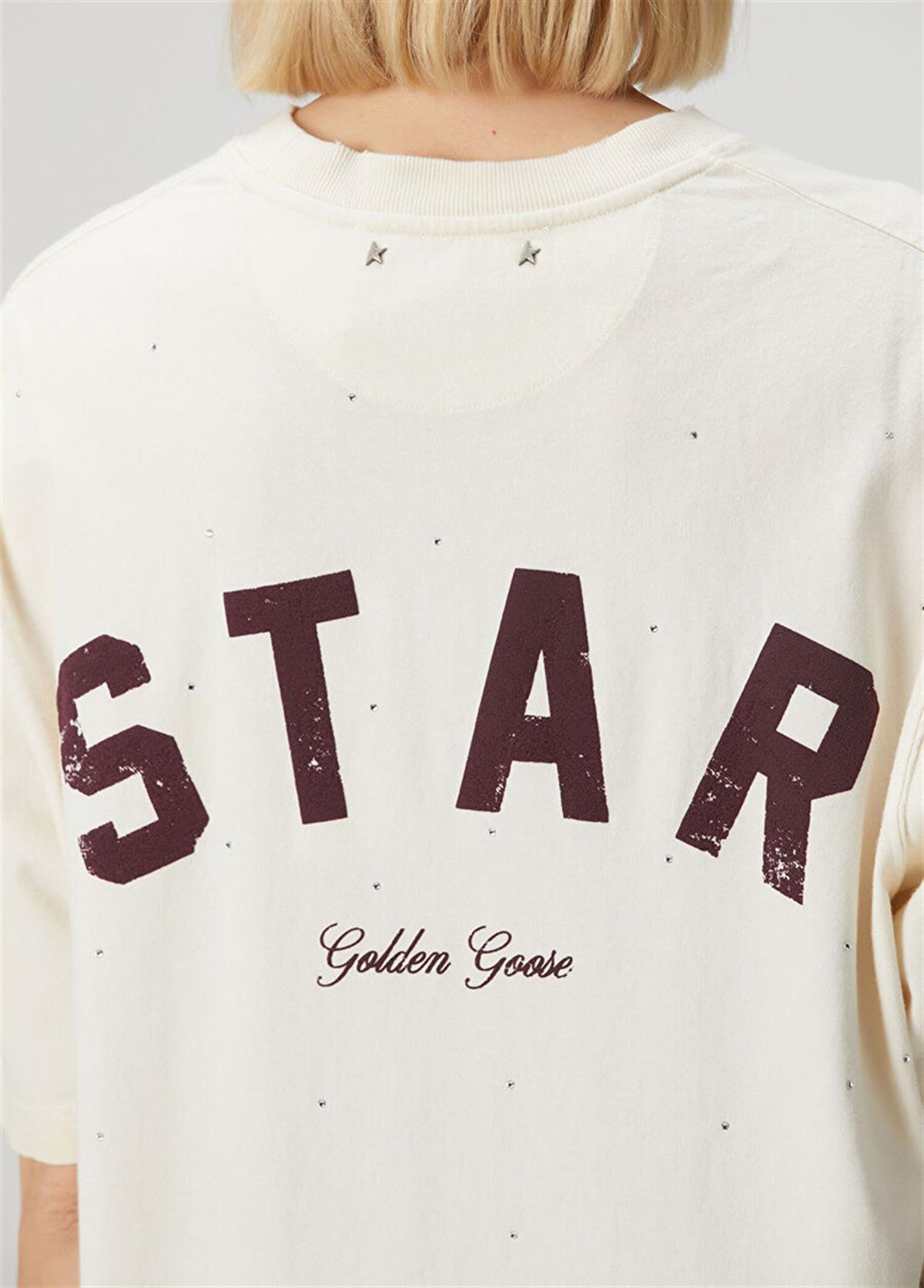 Beyaz Taş İşlemeli Star Yazılı Tişört