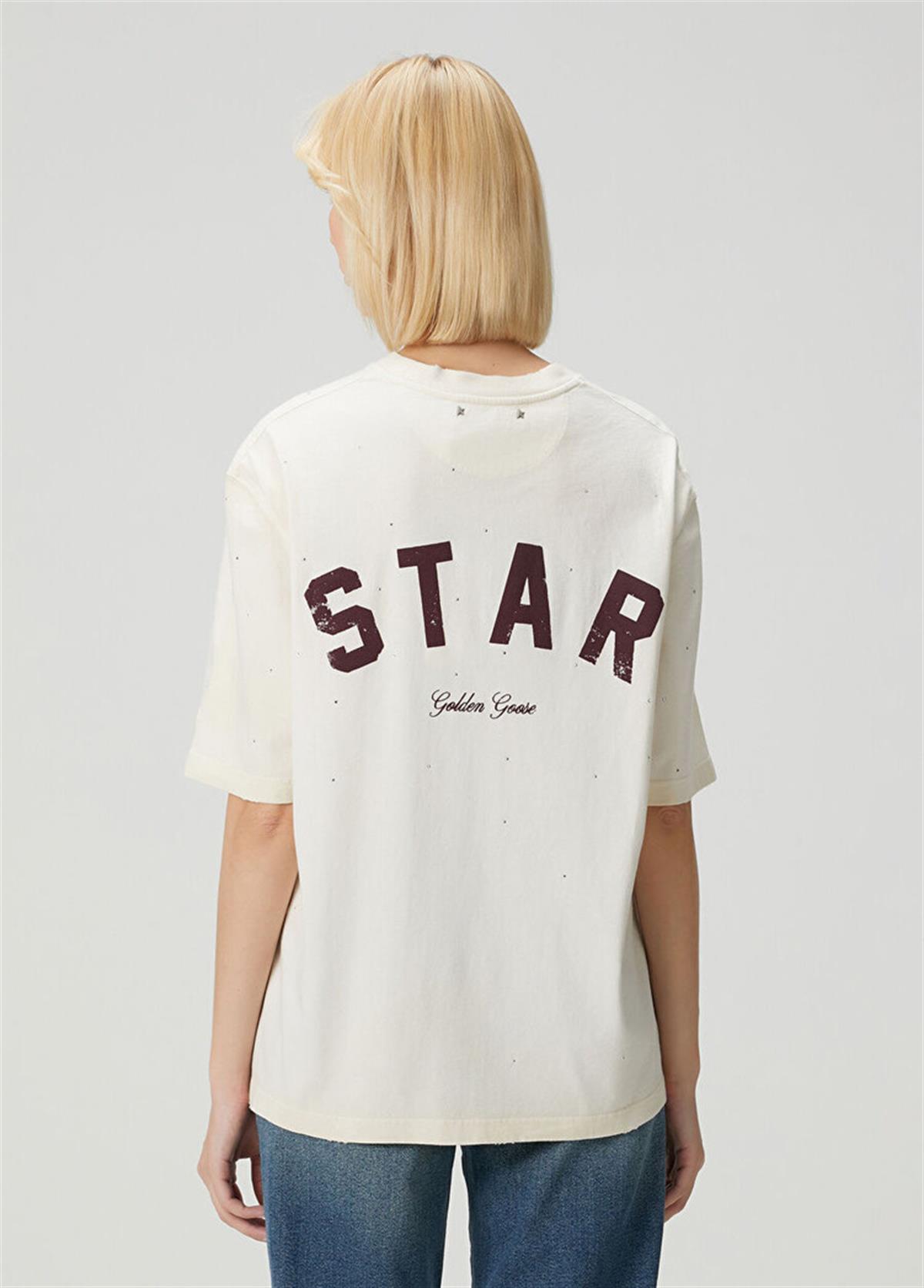 Beyaz Taş İşlemeli Star Yazılı Tişört