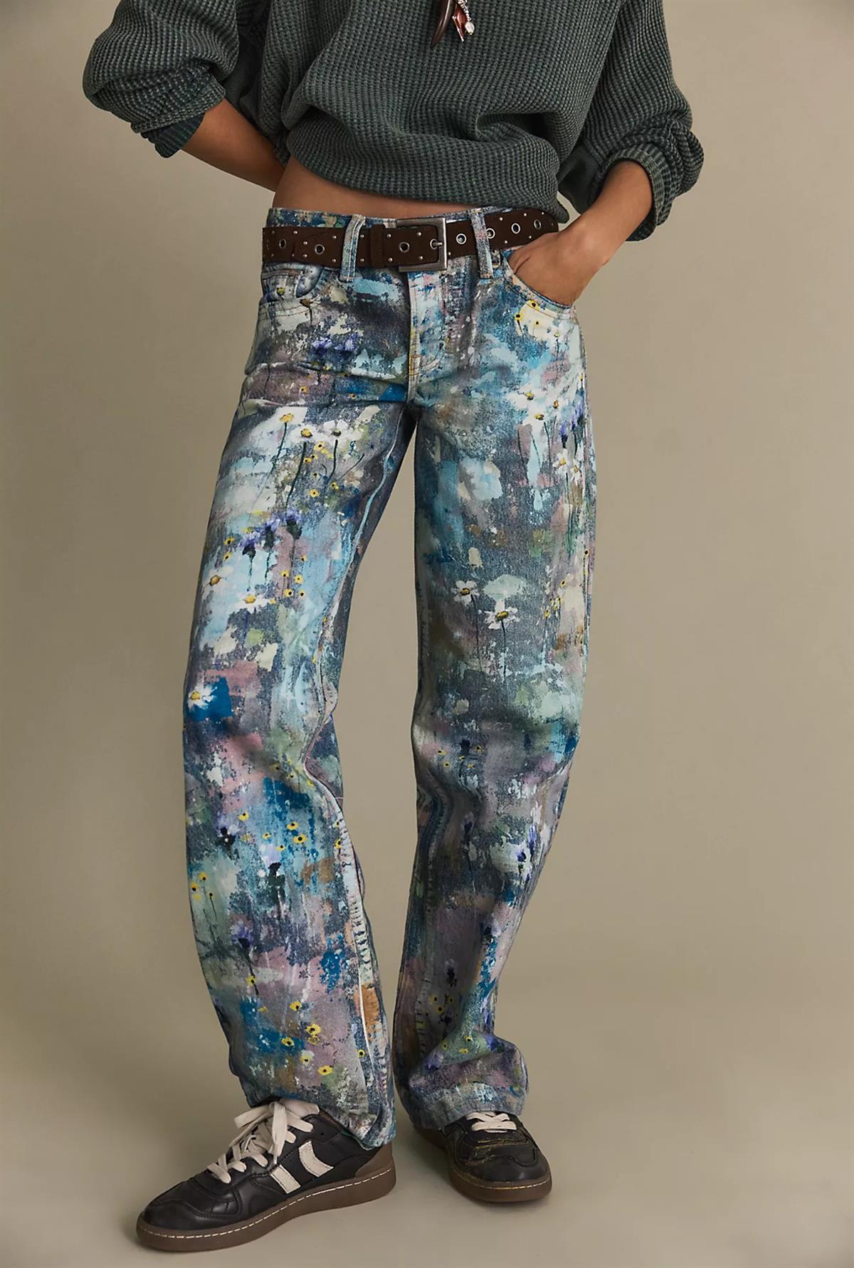 Boya Sıçrama Detaylı Retro Low Waisted Jean