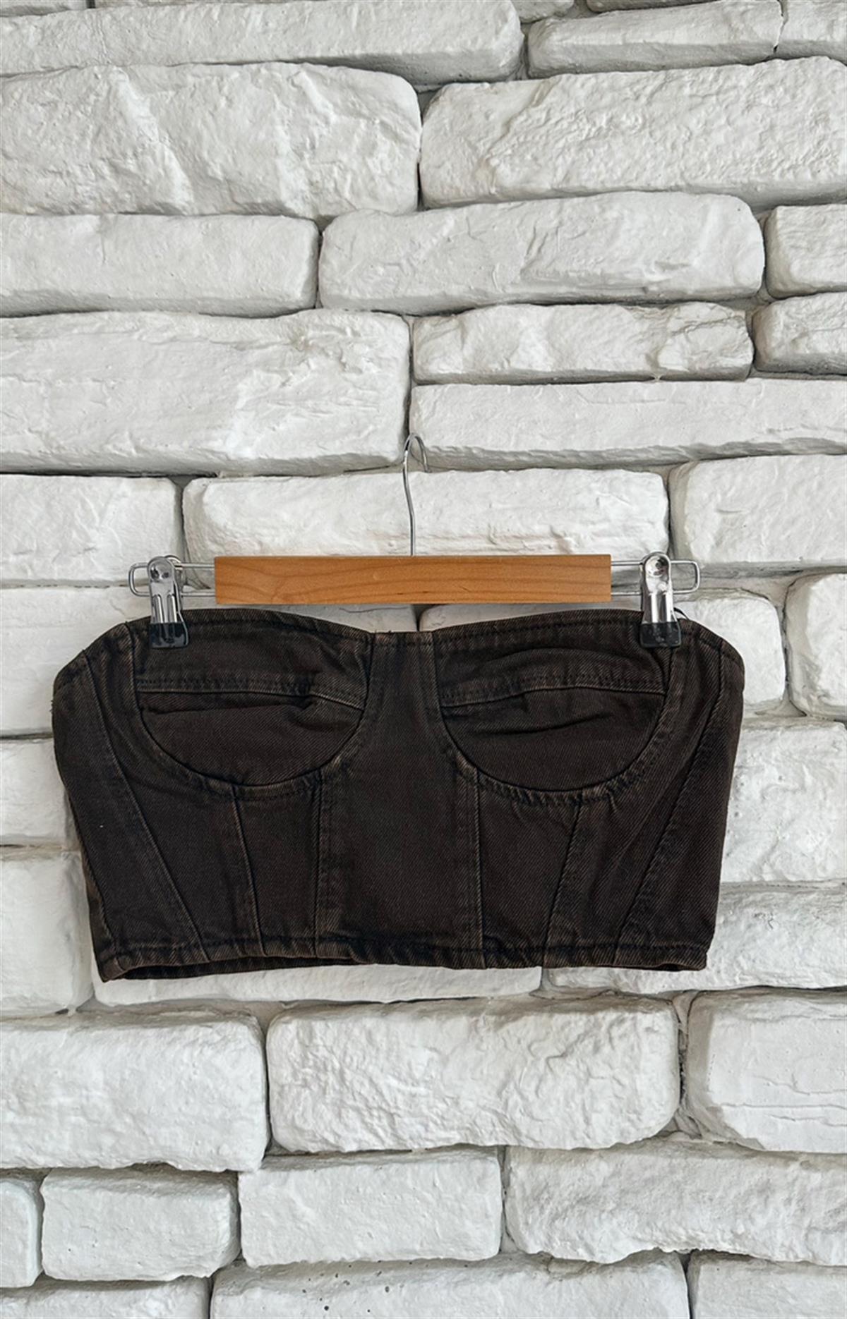 Büstiyerli Denim Crop Yelek İkili Takım