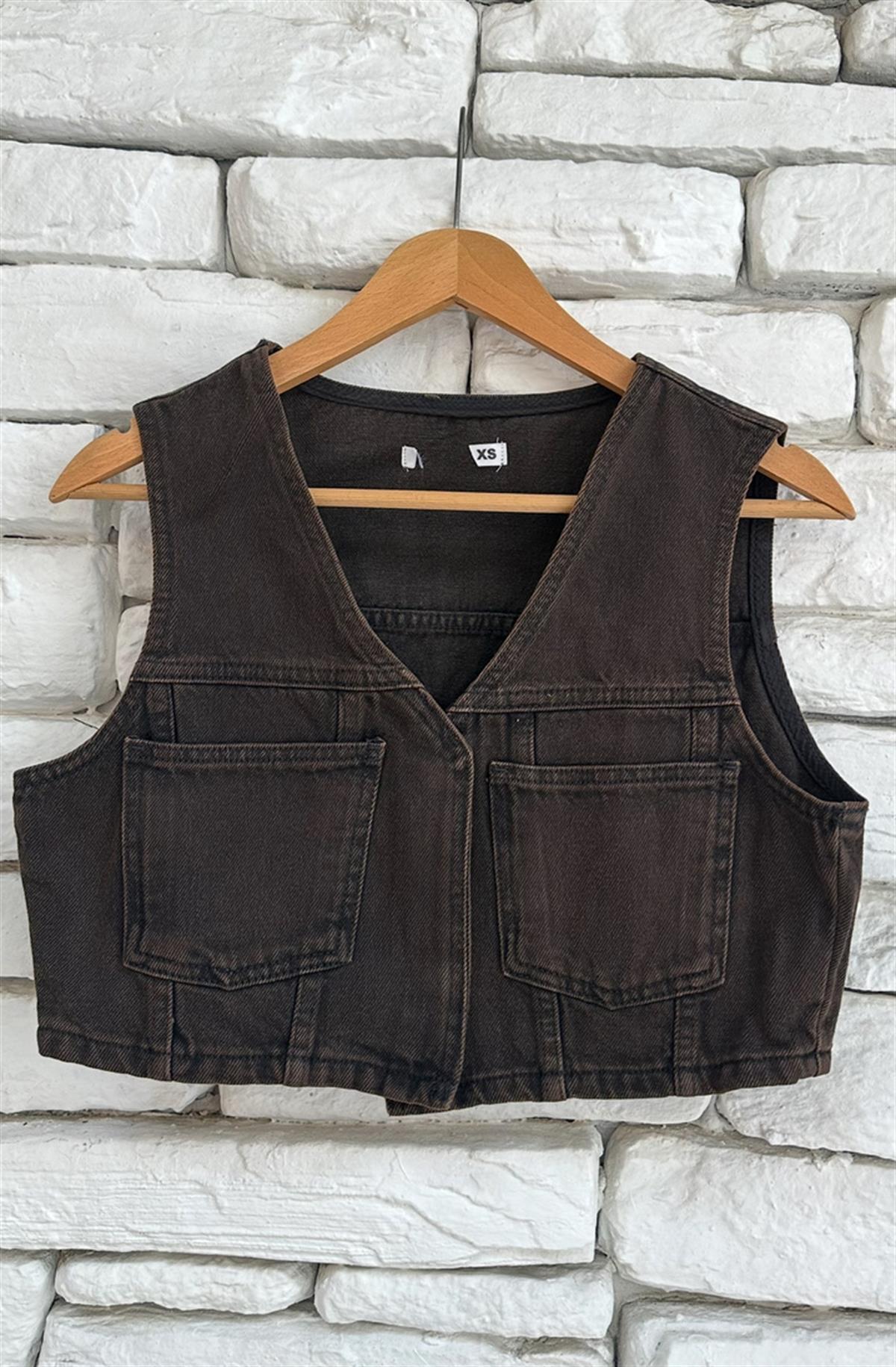 Büstiyerli Denim Crop Yelek İkili Takım