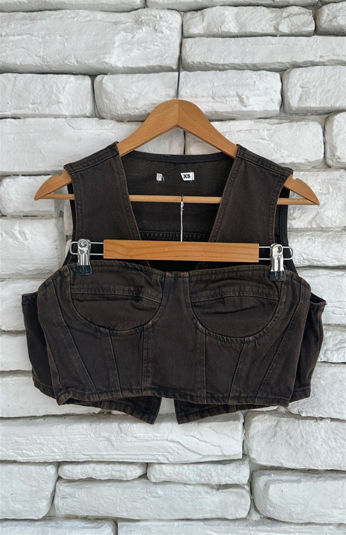 Büstiyerli Denim Crop Yelek İkili Takım