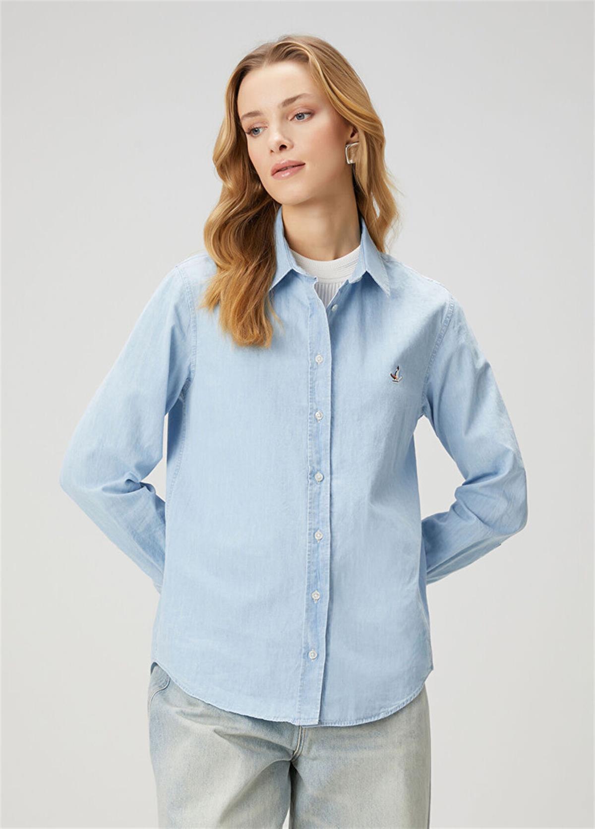 Buz Mavisi Kuş Nakışlı Basic Denim Gömlek