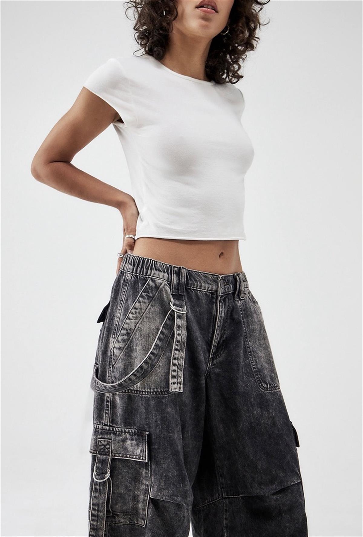 Cep Detaylı Acid Wash Orta Bel Kargo Pantolon