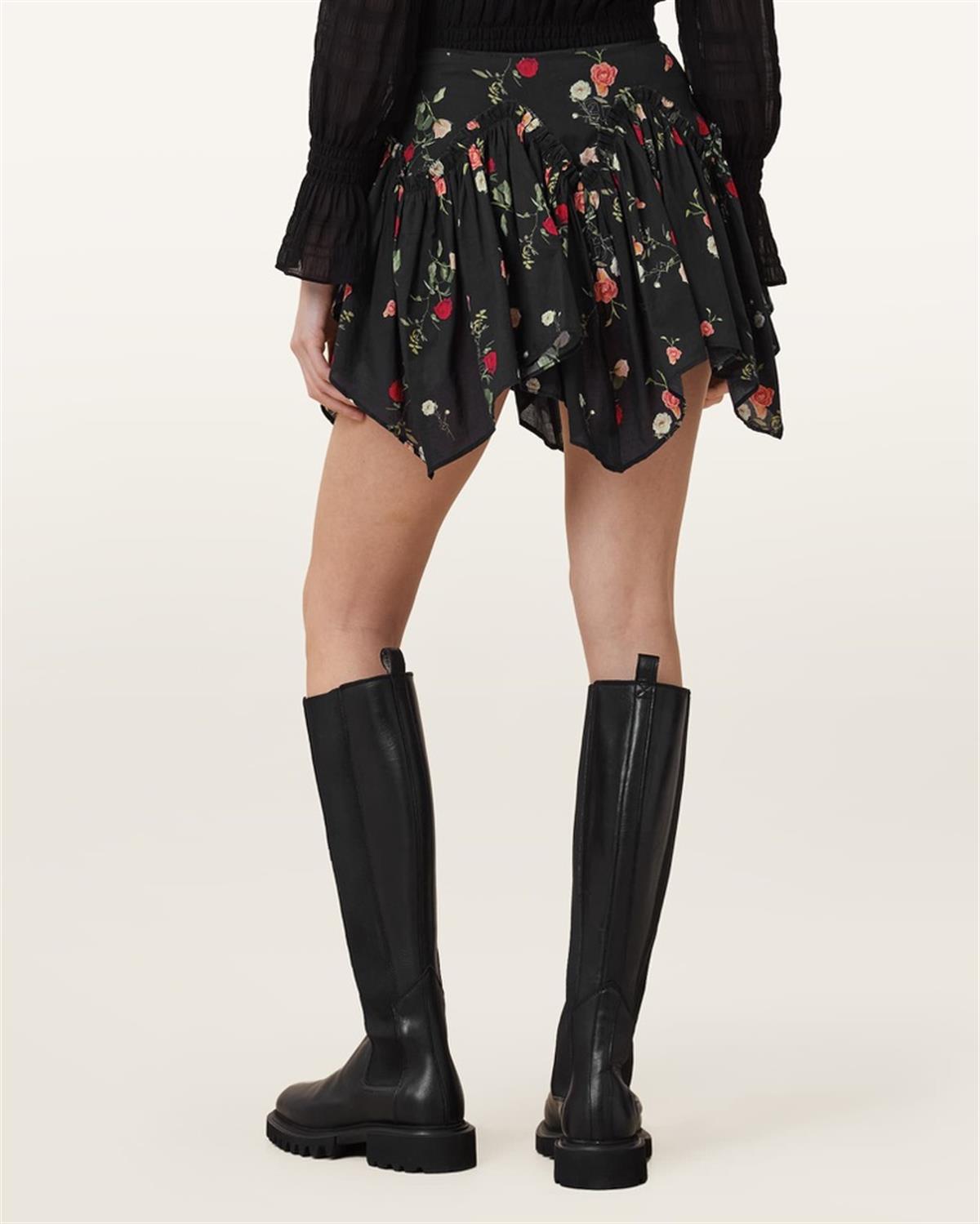 Çiçek Baskılı Asimetrik Kesim Mini Etek