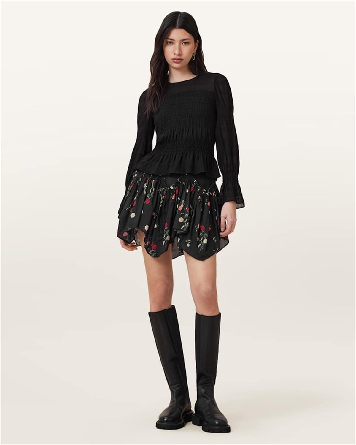 Çiçek Baskılı Asimetrik Kesim Mini Etek