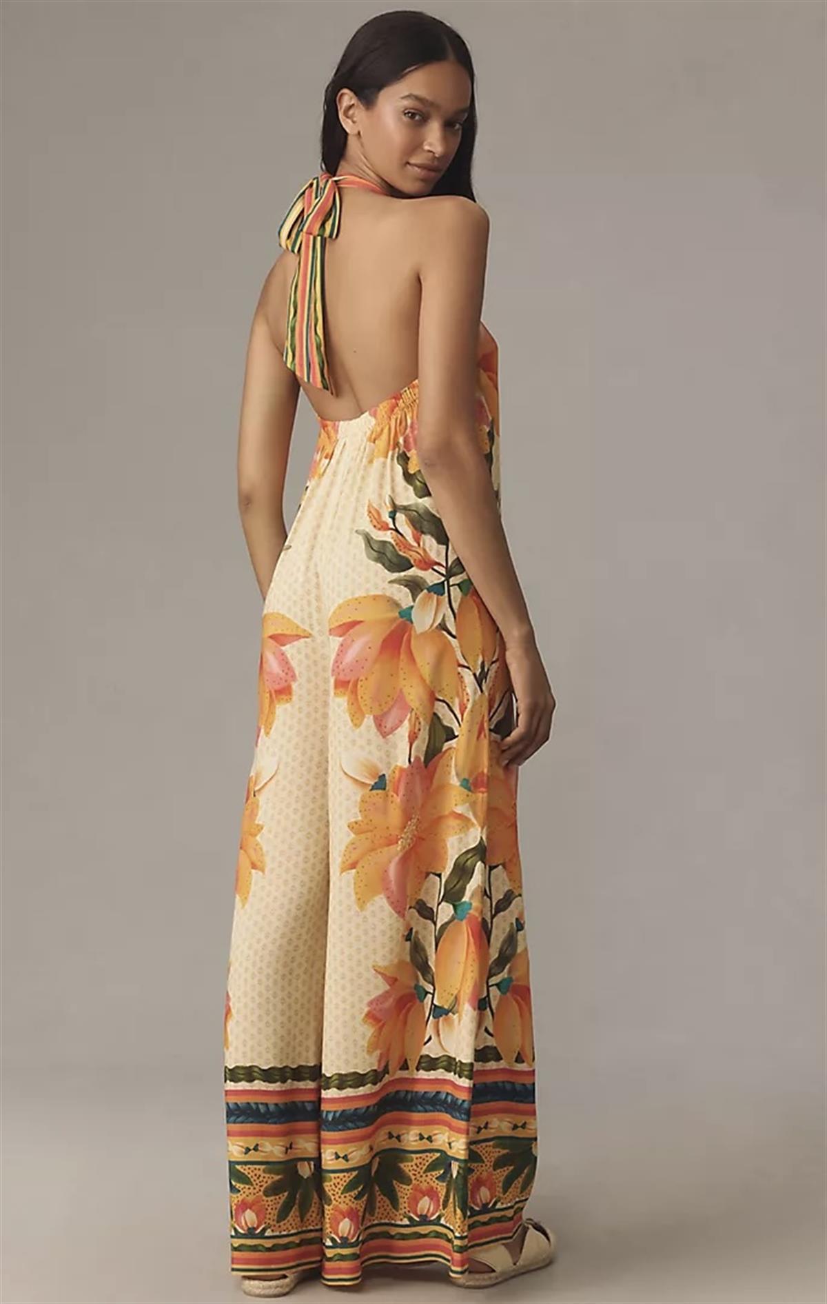 Çiçek Desenli Sırt Dekolteli İpek Saten Tulum