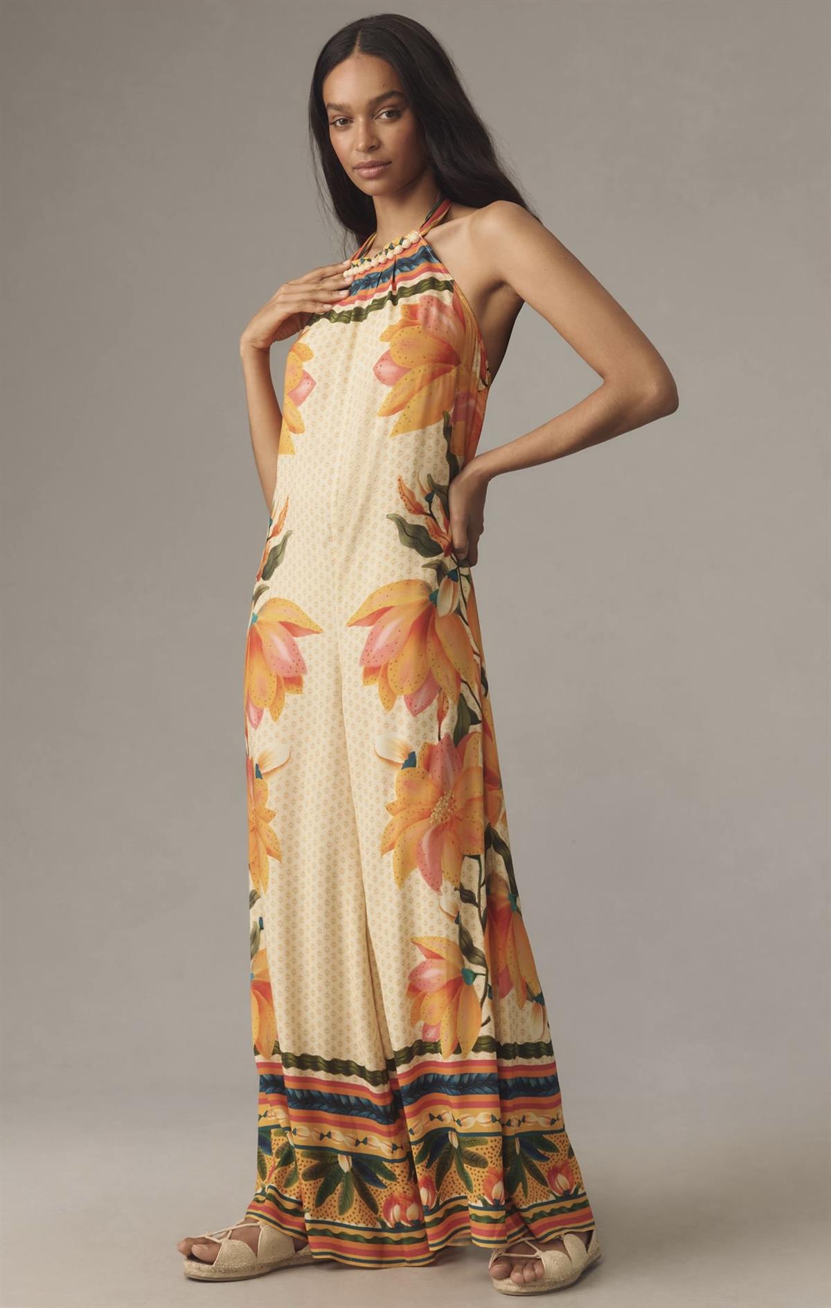 Çiçek Desenli Sırt Dekolteli İpek Saten Tulum