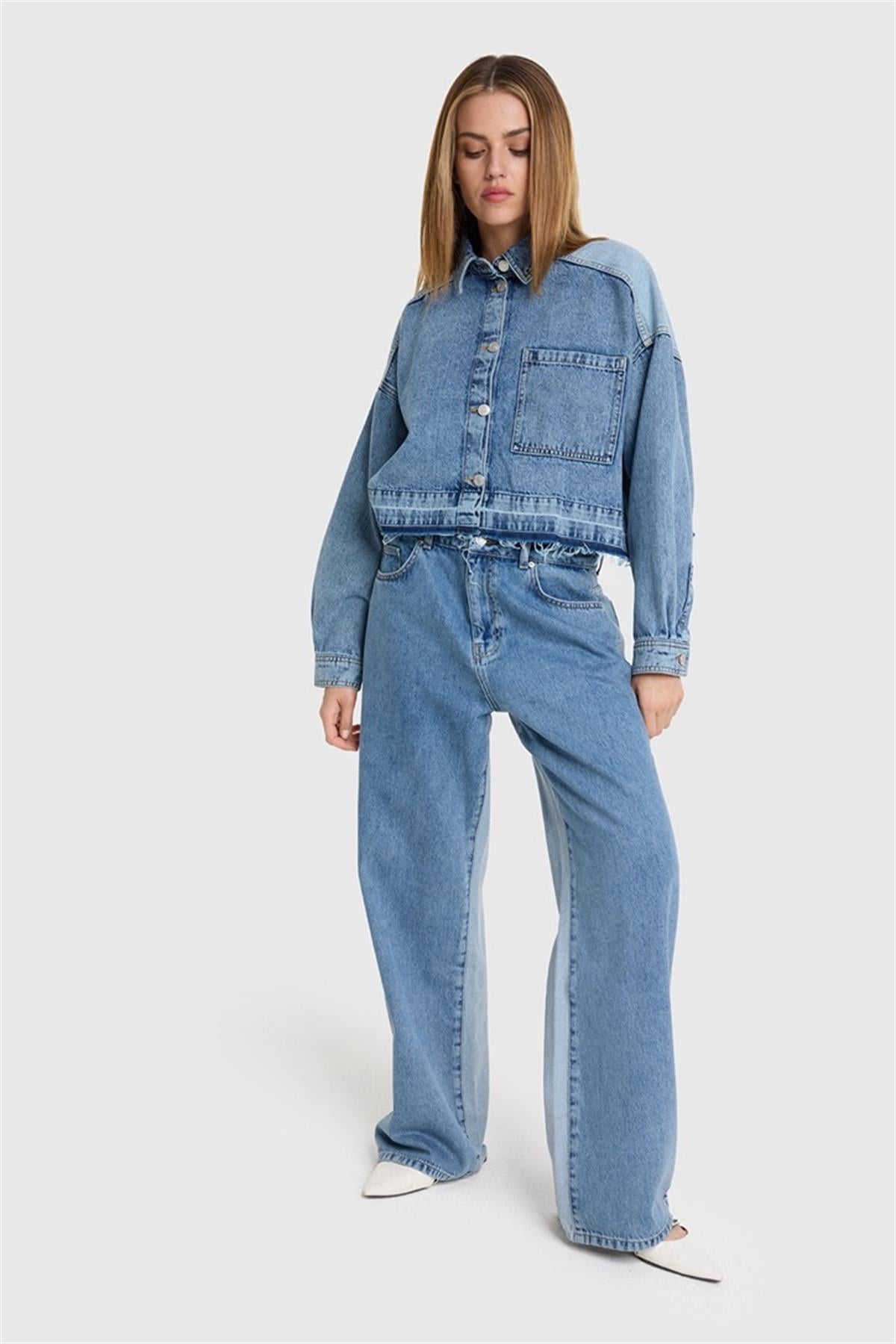 Çift Renk Detaylı Denim Kot Ceket & Pantolon Takım