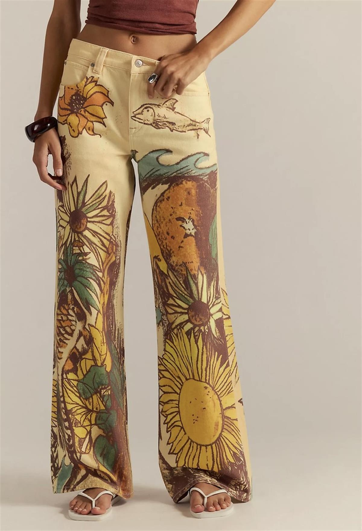 Çoklu Desen ve Renk Baskı Detaylı Fit Jean