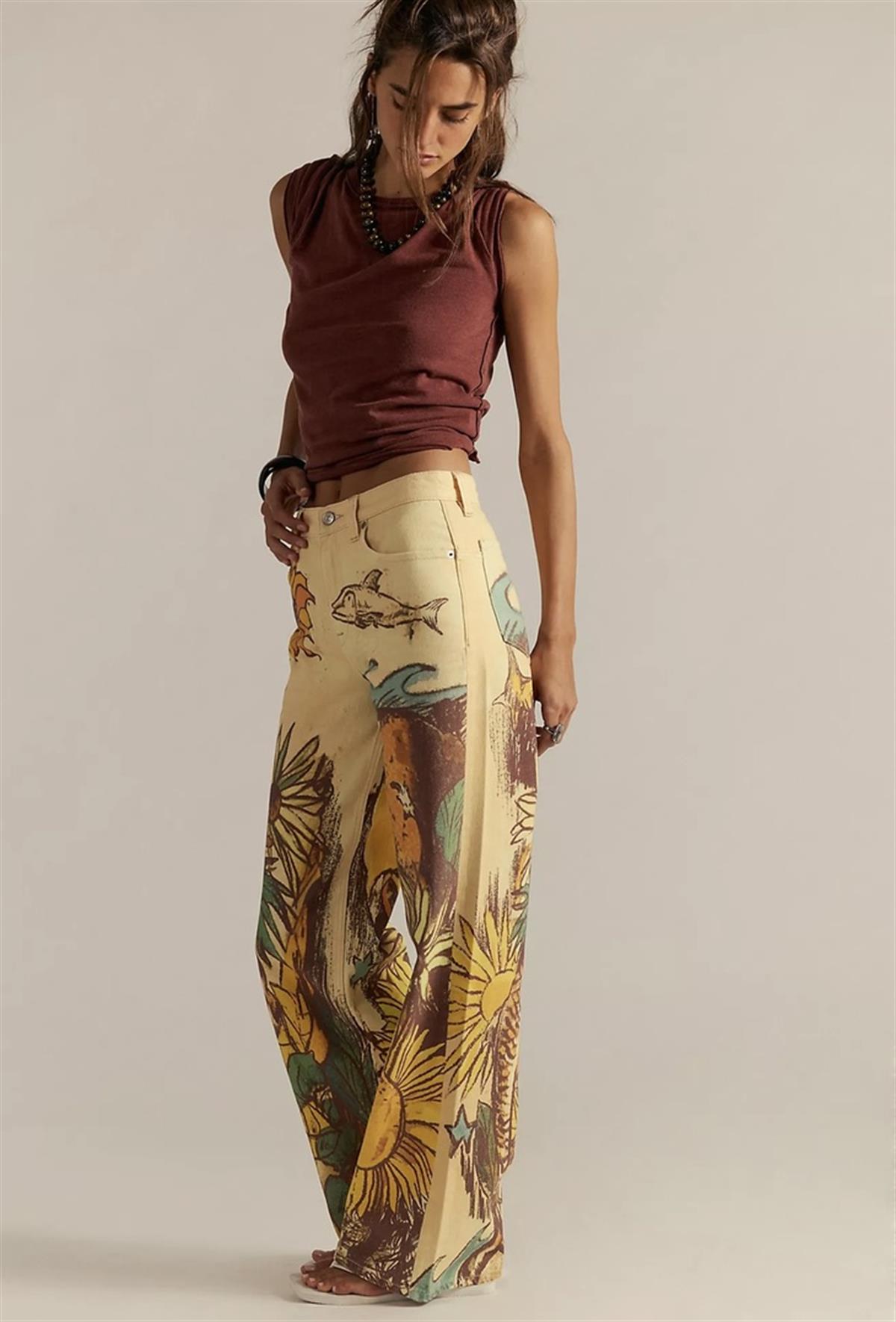 Çoklu Desen ve Renk Baskı Detaylı Fit Jean