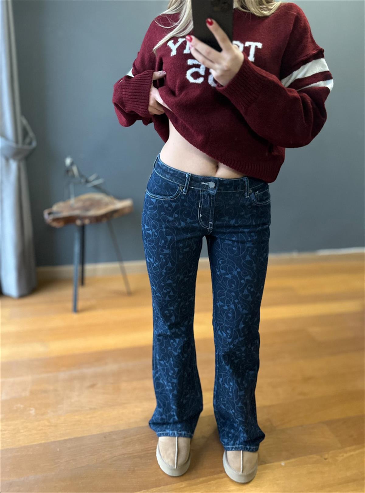 Lacivert Renk Desenli Low Waisted Flare Jean