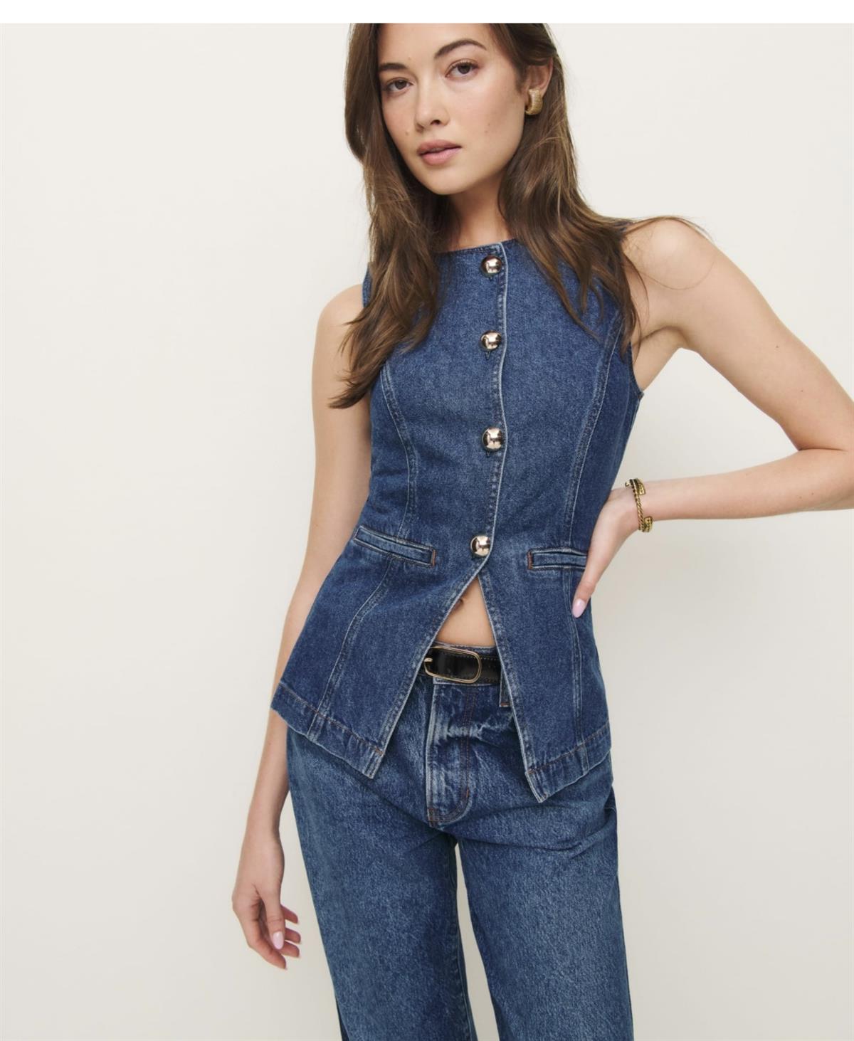 Düğme Detaylı Mavi Kot Bluz