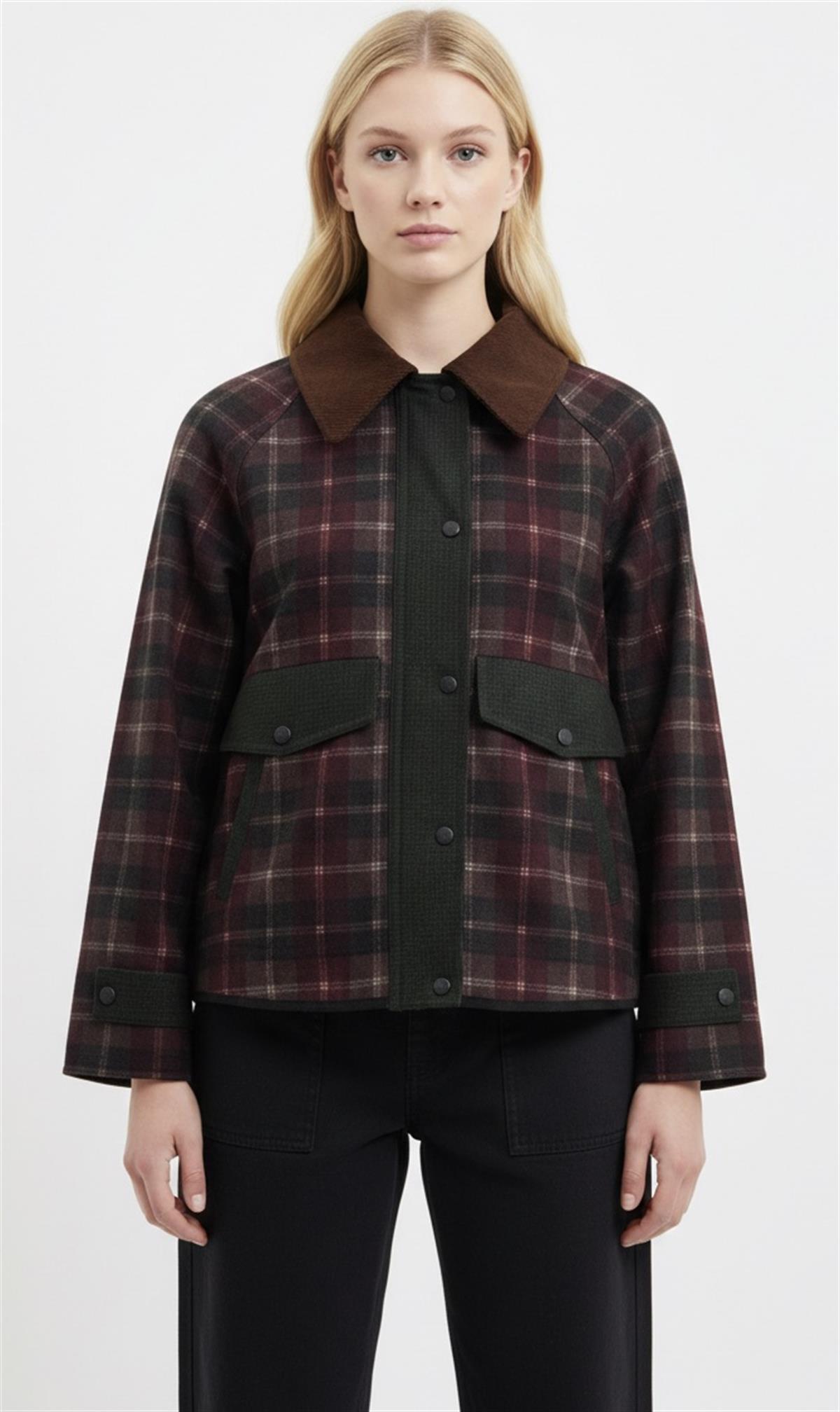 Ekose Desenli Cep Detaylı Düğmeli Outdoor Ceket