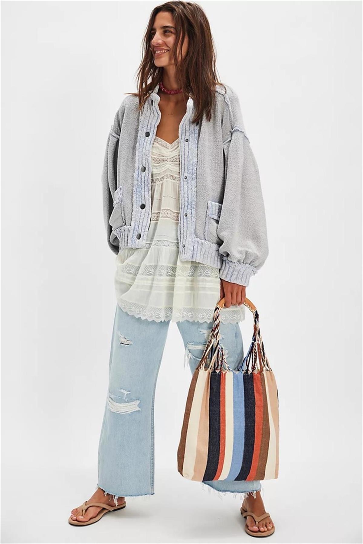 Eskitme Detaylı Vintage Örme Buz Mavisi Hırka 